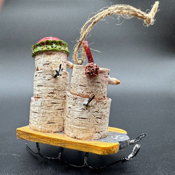 Christmas Tree Ornament Tree Trunks Snowmen on Sleigh - Picture 2 of 7